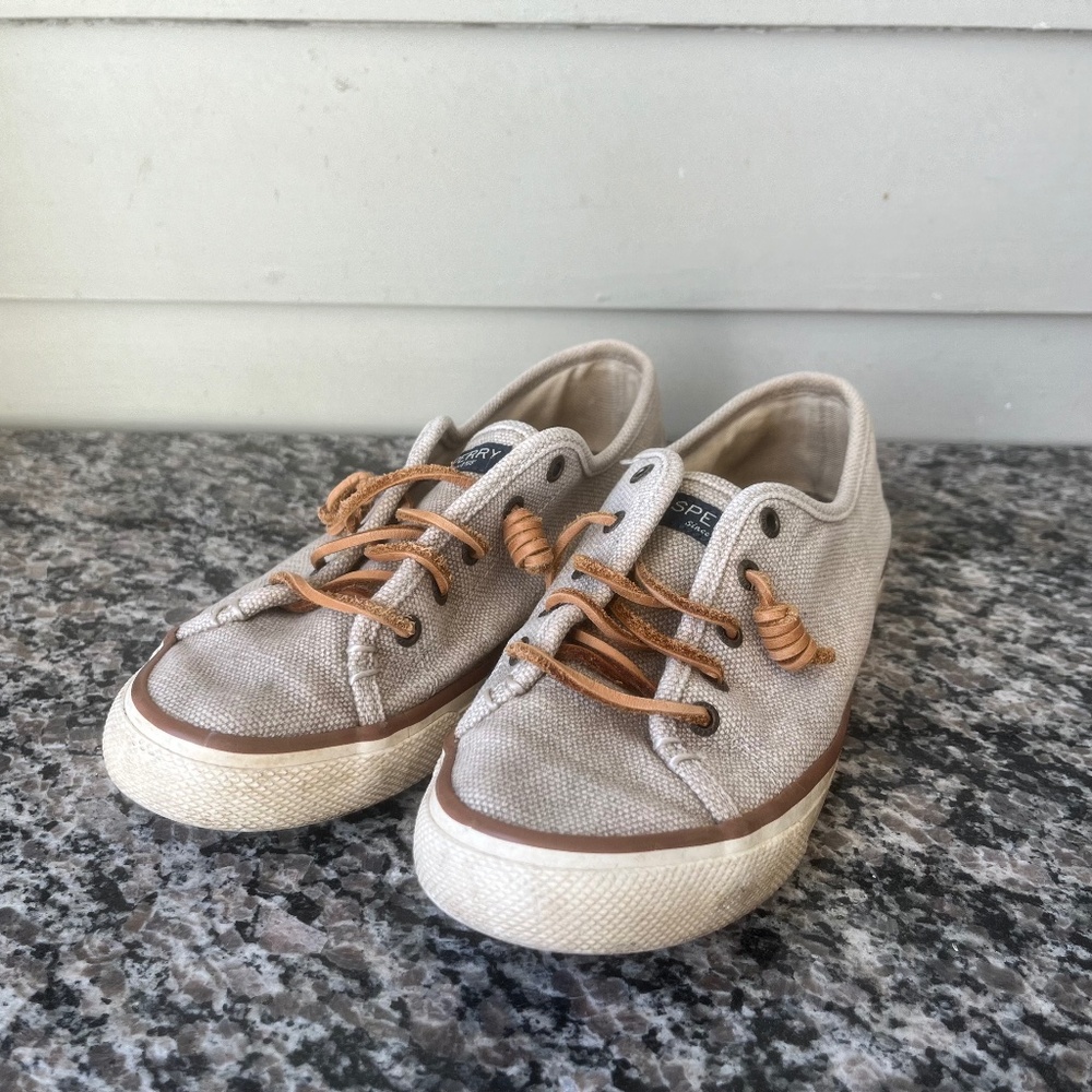 Sperry Beige Canvas Sneakers with Brown Trim and Tan Laces